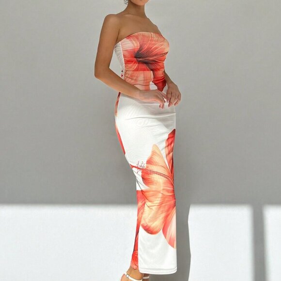 Multicolor Sexy Women's Romantic Date Strapless Printed Bodycon Dress - Picture 5 of 5